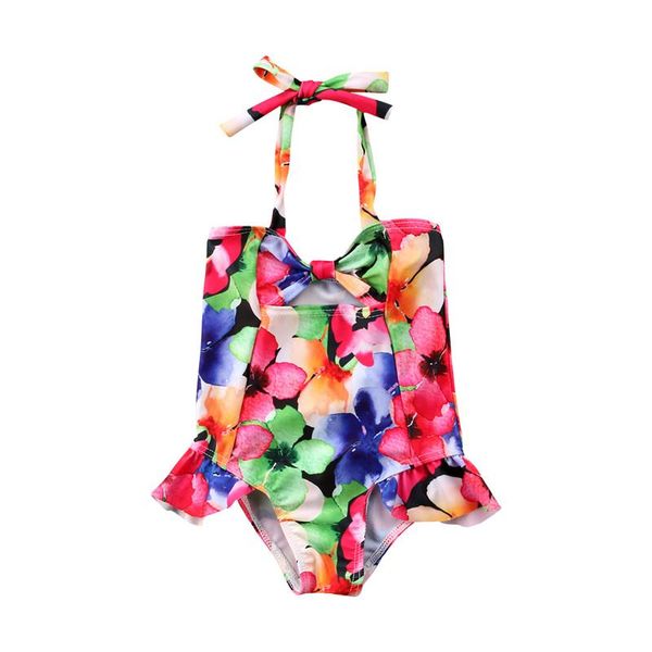 

one-piece suits 2021 floral baby girls summer swimwear bandage backless maillot de bain children 1-6t ruffles bowknot tankini one piece swim