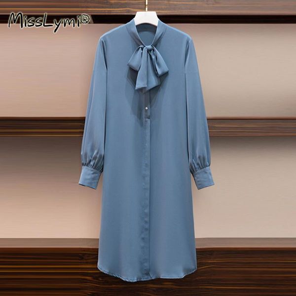 

plus size women solid color blue shirt dress spring 2021 elegant bow collar long sleeve loose casual ladies midi dresses, Black;gray
