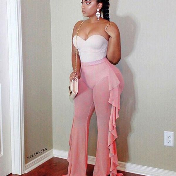 

women's swimwear 2021 women see-through pants bikini cover up tulle ruffle bottoms plus size loose long trousers beachwear swimsuit, White;black