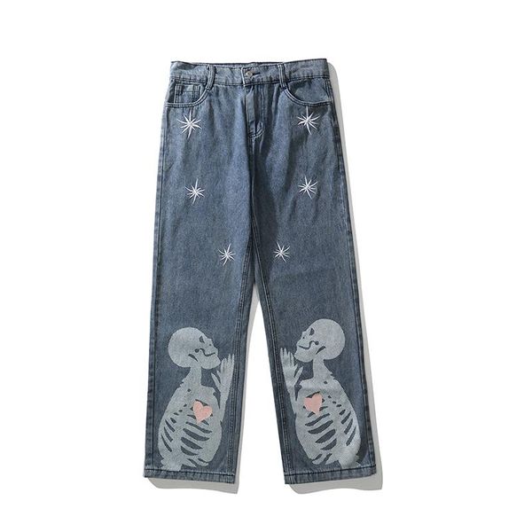 

men's jeans mens pants high street oversize straight ripped baggy couple denim trousers casual retro skull embrodiery washed printed je, Blue