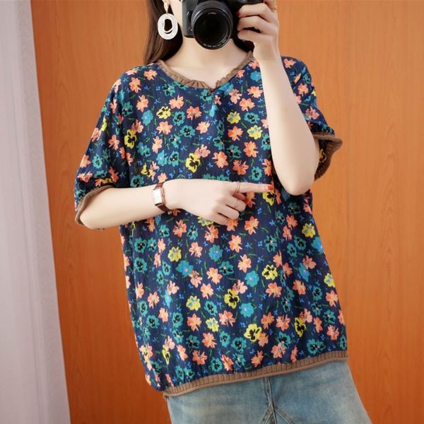

women summer loose casual t-shirts new arrival vintage style floral print cotton linen female short sleeve tees s3584 210412, White