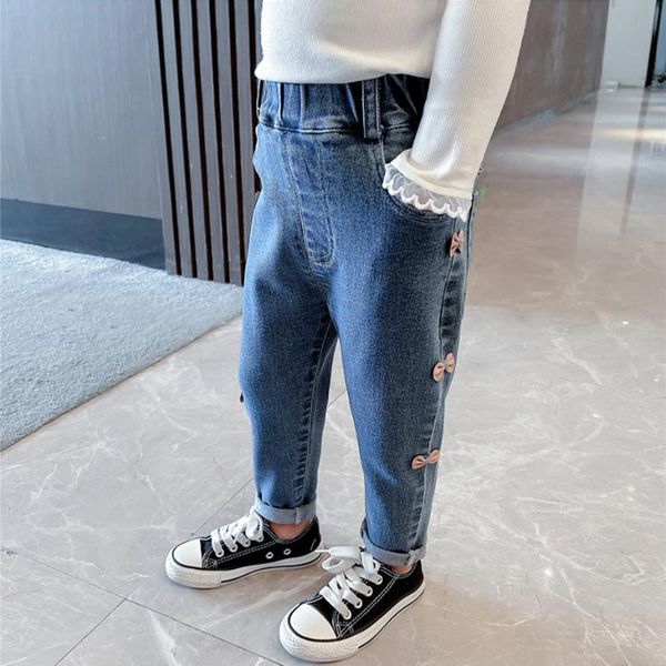 

jeans for girl solid color girls big bow children spring autumn clothes, Blue