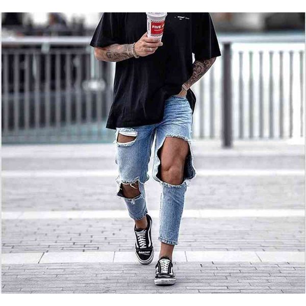 

jeans big hole fashion trousers men's leggings, Blue