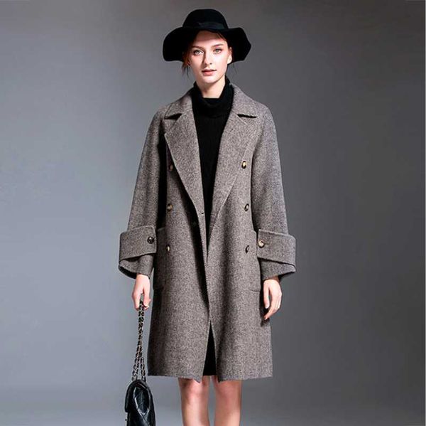 Trench da donna Colletto rovesciato Sciolto Medio Inverno Donna OL Cappotto in cashmere Donna Inghilterra Stile Grigio Classico Doppio petto Lana Wi