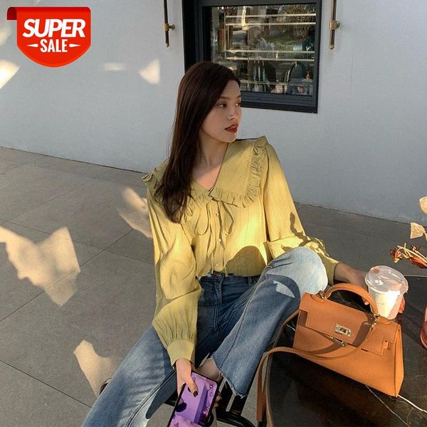 

[japanese appointments] plain wrinkle three-color lapels wide loose and thin shirt female korean #0x5q, White