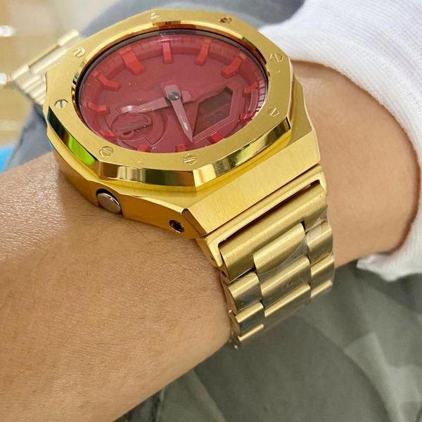 

watch bands est ga2100 strap adapter metal 2rd bezel stainless steel band for ga-2100/2110 gold black rose, Black;brown