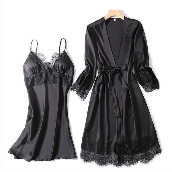 

summer home clothing sleep set women sleepwear lace kimono gown satin wedding robe intimate lingerie casual nightwear, Black;red