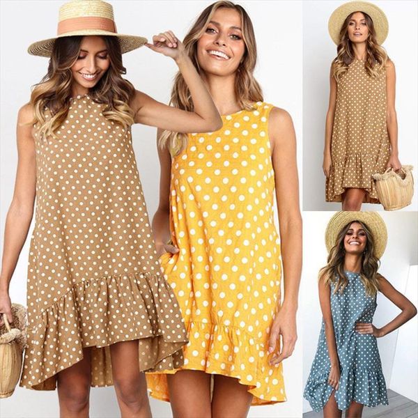 

sleeveless asymmetrical summer womens dresses boho beach loose dot ruffles a line female vestiods, Black;gray