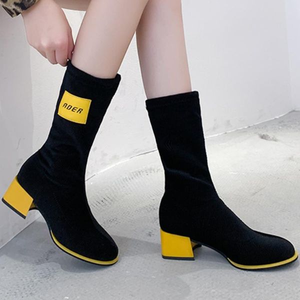

boots autumn 2021 fashtion platform pu leather women's ankle round head high heel square mid-calf casual, Black