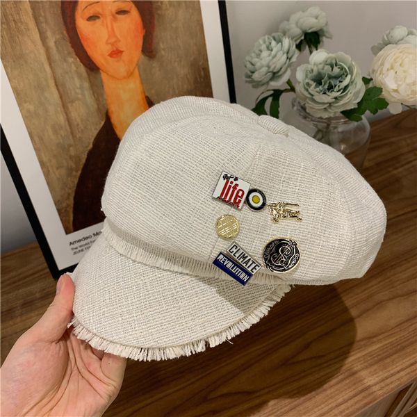 

french flat small incense hood children's designer fashion british duck tongue beret women's autumn and winter pin medal octagonal, Blue;gray