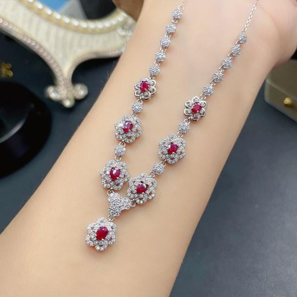

chains gemicro jewelry 100% natural ruby chain necklace with 3x4mm*7pcs gem and 925 sterling silver as women classic elegant party wear