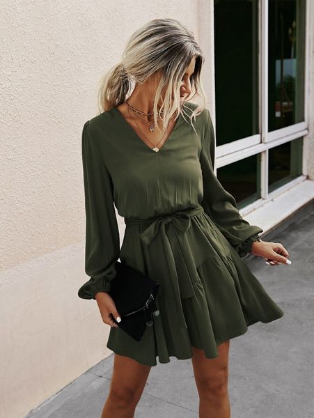 

v neck lantern sleeve belted dress q9fb#, Black;gray