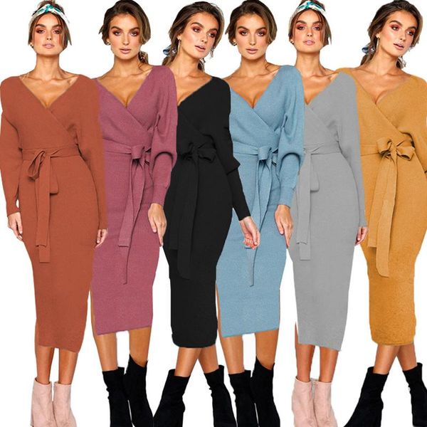 

casual dresses sweater autumn winter long sleeve v-neck pure color knee-length elegant commuting vacation clothing robe women dress, Black;gray