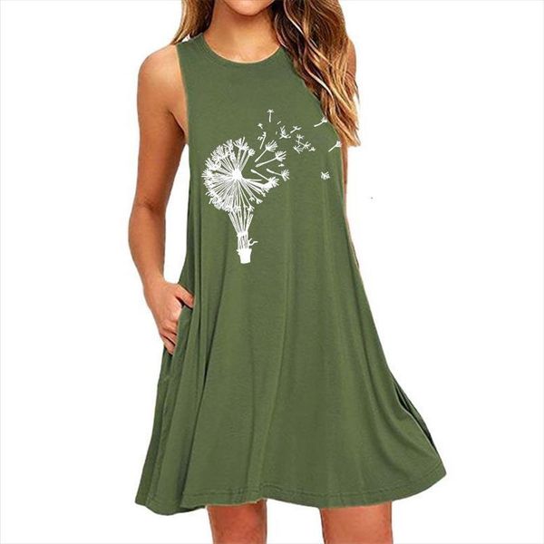 

4xl 5xl 6xl womens dresses plus size clothing summer sleeveless dandelion print casual o neck pocket loose dress vestido, Black;gray
