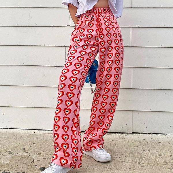 

women's pants & capris pink heart printed straight elastic high waist drawstring fashion streetwear vintage 2021 harajuku, Black;white