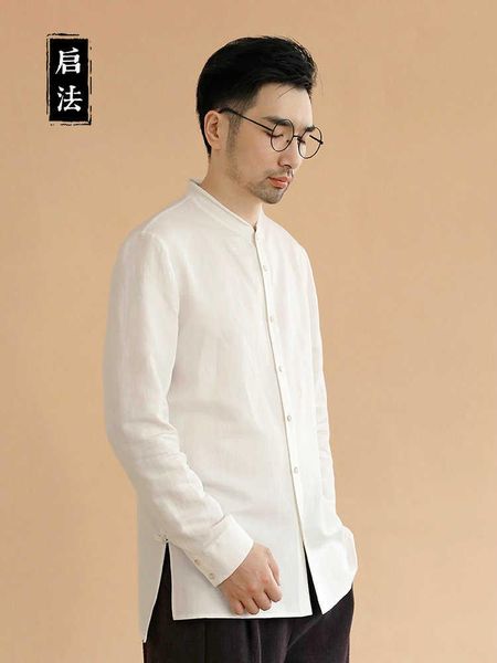 

men's dress shirts qifa spring stand collar shirt chinese style ramie loose casual cotton, White;black