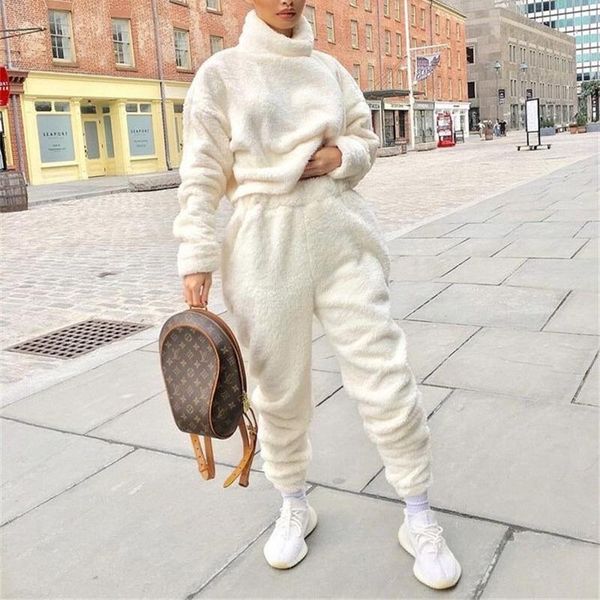 

women's tracksuits 2piece sweater set for solid color long sleeve turtleneck high waist loose pants warm ladies clothing tracksuit, Gray