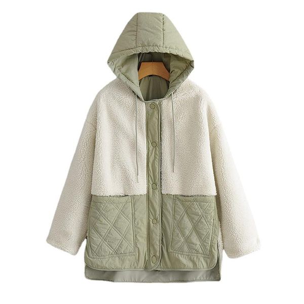 

women's jackets 2021 women fashion thick warmfleece panelled hood jacket coat vintage long sleeve pockets female outerwear streetwear, Black;brown