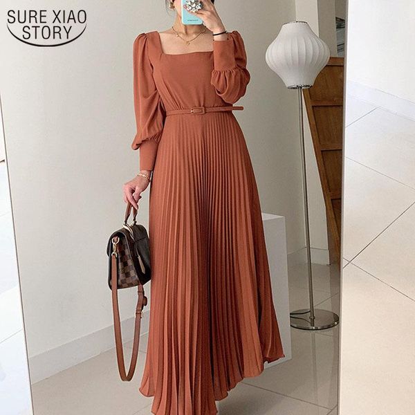 

korea foreign style elegant thin square collar high waist women dress solid color commute length pleated with belt 12801 casual dresses, Black;gray