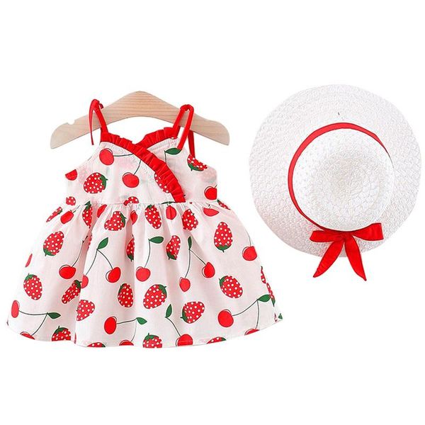 

girl's dresses 2021 summer fashion baby girls hat 2 piece set clothes strawberry print sleeveless party princess dress for, Red;yellow