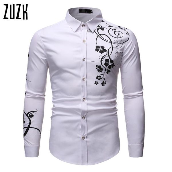 

gold flower print white shirt men slim fit long sleeve mens dress shirts men's casual, White;black