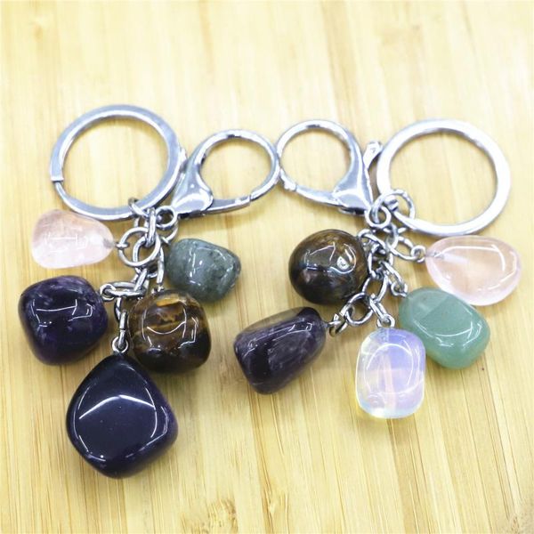

keychains 4pcs/lot fashion multicolor yoga healing natural stone 7 chakra pray keychain raw ore, Silver