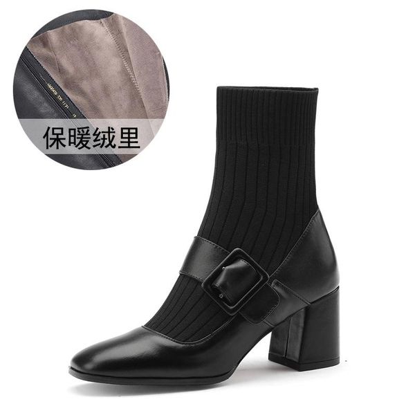

boots 2021 autumn/winter knitted wool comfortable round head thick high heel generous buckle sleeve foot low tube boo, Black