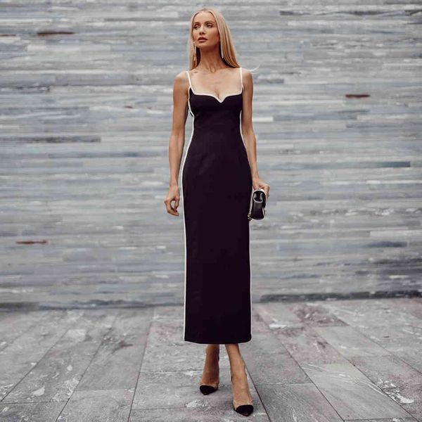

summer women spaghetti strap v neck bandage dress sleeveless black bodycon club celebrity runway party 210423, Black;gray