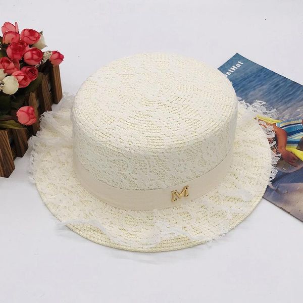 

wide brim hats 2021 female spring and autumn lace letter hat outdoor beach wild sun flat-straw grass color anti-sacking, Blue;gray