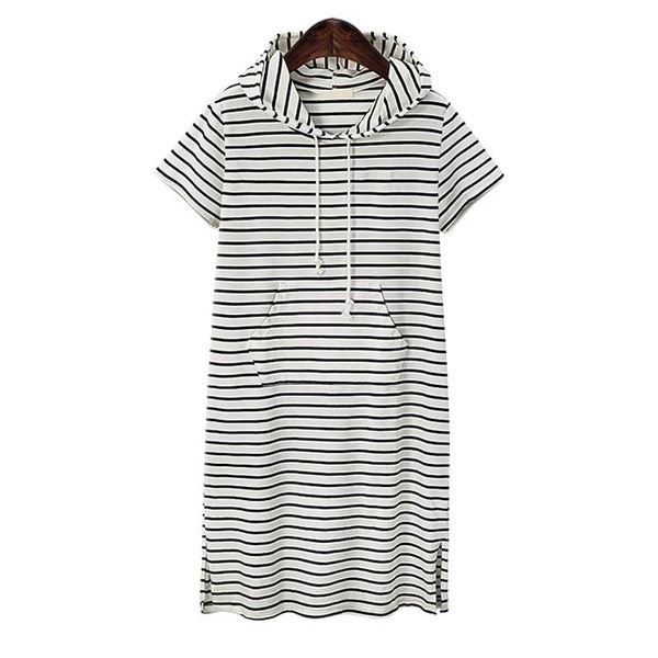 

4xl 5xl plus size hooded women dresses vestidos summer short sleeve striped casual loose side split hoodies party dress, Black;gray