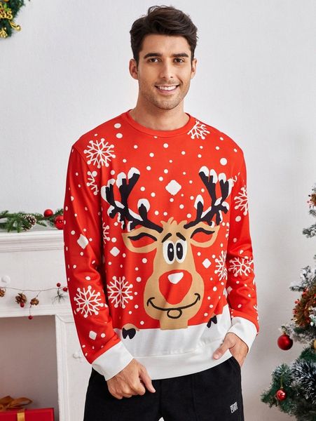 

men drop shoulder christmas pattern colorblock pullover c7lr#, Black