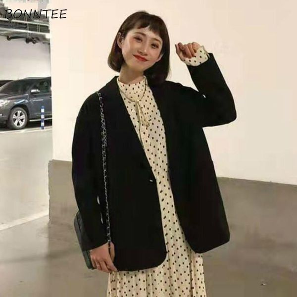 

blazers women all-match pure black single button students coats loose leisure female korean style chic elegant jacket spring women's su, White;black