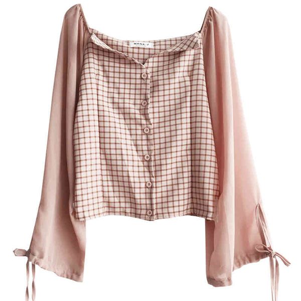 

pink white plaid button chiffon shirt blouse women patchwork v neck b0205 210514