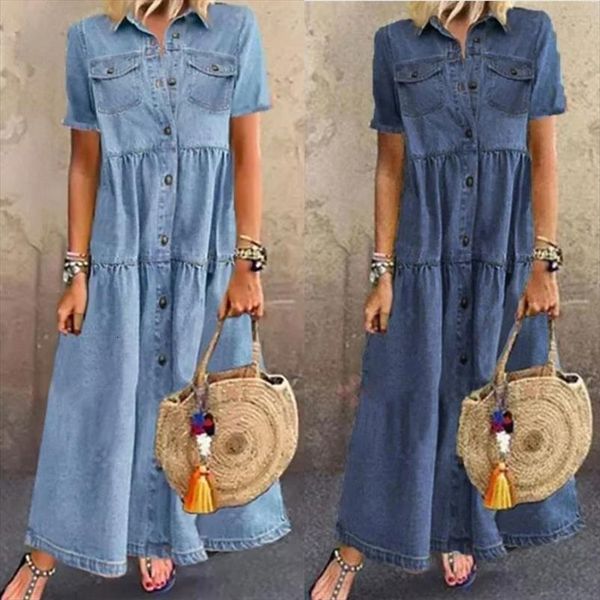 

long denim pleated short sleeve women dress shirt fashion style summer casual vintage, Black;gray