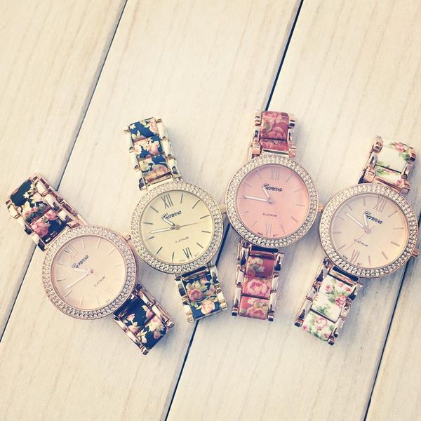 

wristwatches est style floral two-tone crystal watch, radiating roman numerals dial print center links bracelet watch geneva, Slivery;brown