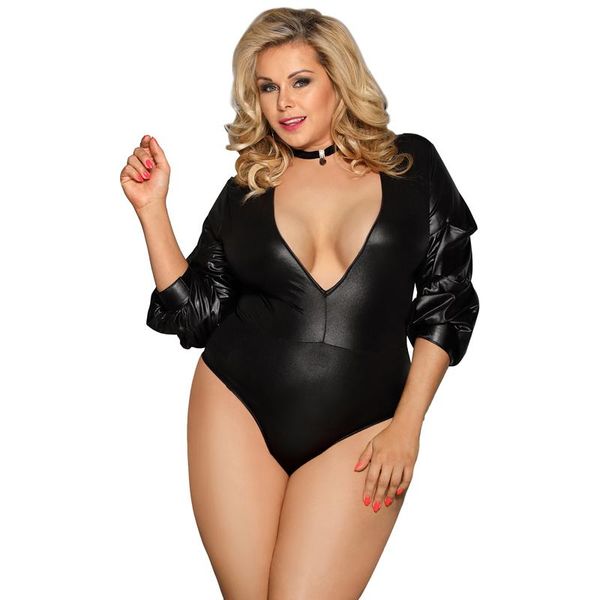 

women's jumpsuits & rompers plus size leather jumpsuit fashion black deep v bodysuit female bubble sleeve playsuits stretchy woman clot, Black;white