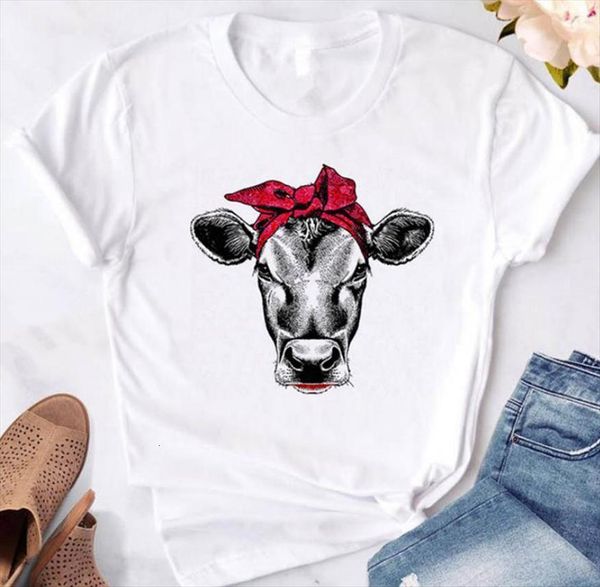 

wearing headband bull print women t shirts short sleeve o neck loose ladies summer fashion tee clothes, White