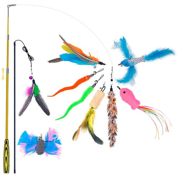 

cat toys 2pcs teaser wand creative retractable toy with 9 feather refill pet interactive supplies 2021 arrive