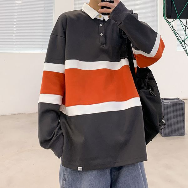 

men's polos hong kong style spring color matching polo shirt striped long-sleeved t-shirt boys loose couple casual lapel sweater a, White;black