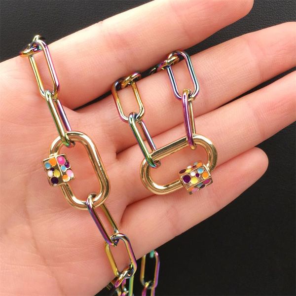 

earrings & necklace 2sets rainbow link chain bracelet set enamel turnbuckle hip hop fashion trend copper plated jewelry gift for women men, Silver