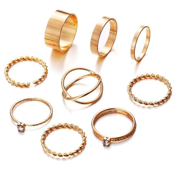 

9pcs/sets simple design round gold sliver color bohemian geometric finger opening rings for women jewelry accessories gift, Slivery;golden