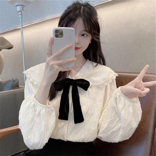 

women's blouses & shirts fall 2021 style fat girl doll collar gentle bow long sleeve french shirt large size rac, White