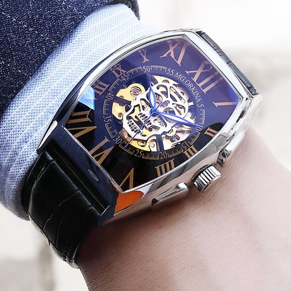 

wristwatches relogios 2021 hollow skeleton dial orkina automatic mechanical leather band fashion skull wrist watches for men, Slivery;brown
