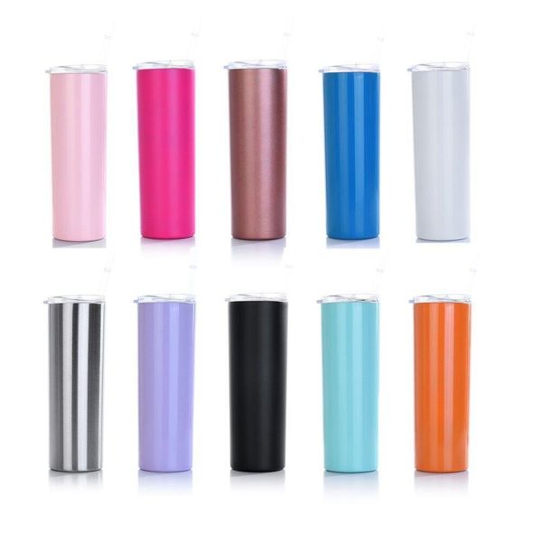 

20oz skinny vacuum insulated tumbler colorful straight mug stainless steel beer coffee cup with lids and straw q