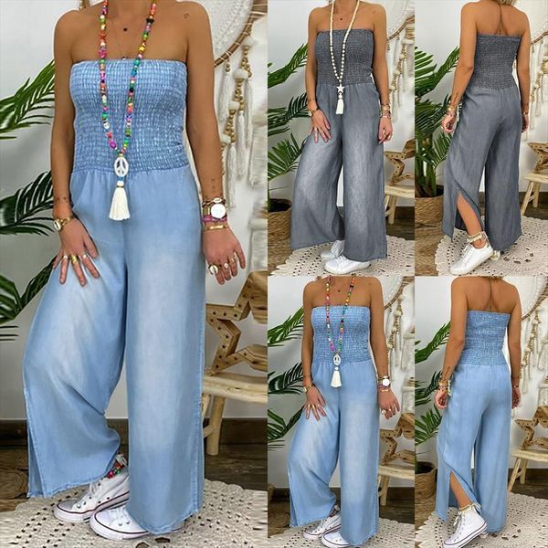 

sleeveless strapless plus size overalls womens jumpsuit off shoulder denim faux baggy playsuit clothes, Black;white