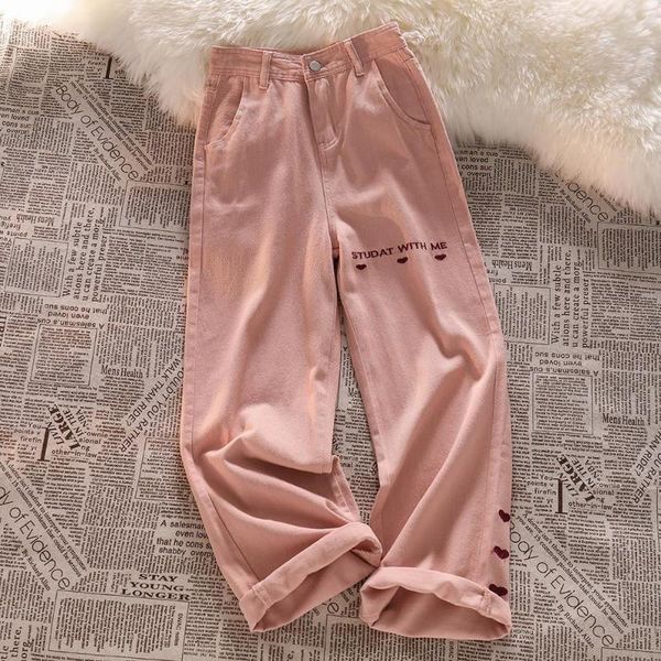 

women's jeans letter heart embroidery casual high waist pockets streetwear harajuku trousers female denim pants, Blue