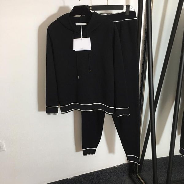 

letter embroidery two piece pants fashion long sleeve hooded suit set 3 colors elastic women knit sport sets, White