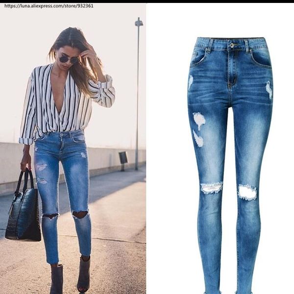 

women's jeans european american fashion high waist slim stretch ripped for women water-washed irregular hole tassel leg pants, Blue