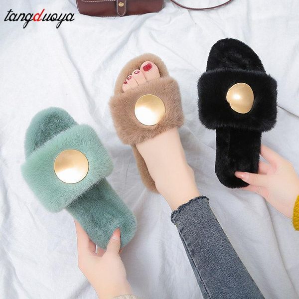 

winter women house furry slippers fashion faux fur warm shoes slip on flats female home slides black plush size431