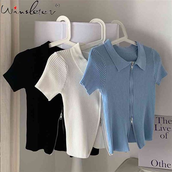 

zipper fitted cardigan stretchy knit thin sweater women summer clothes short sleeve turn-down collar cropped t06703b 210421, White